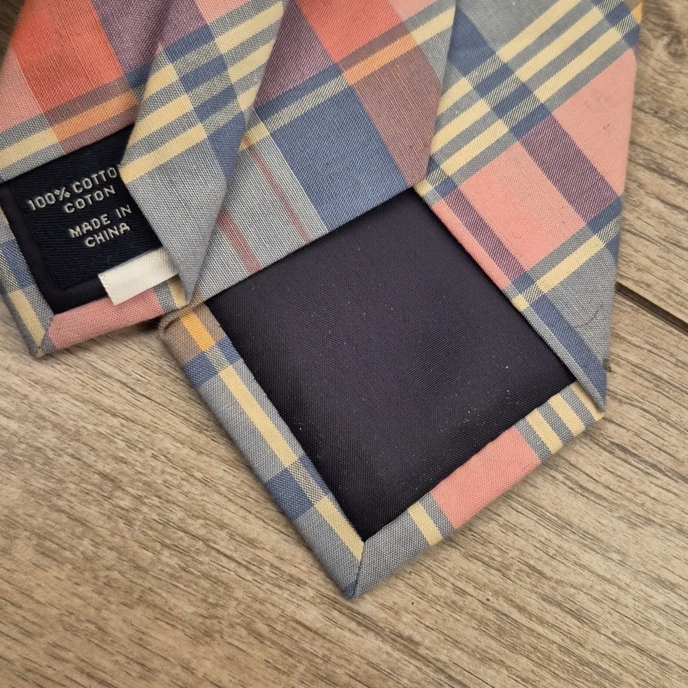 J CREW Preppy Spring Pink Blue Grey Gold Plaid Skinny‎ Mens Cotton Tie NEW